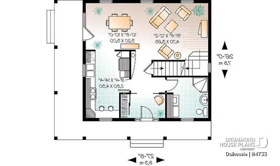 1st level - English inspired house plan with 3 bedrooms, 2 bathrooms, large covered porch, open floor plan - Dalhousie