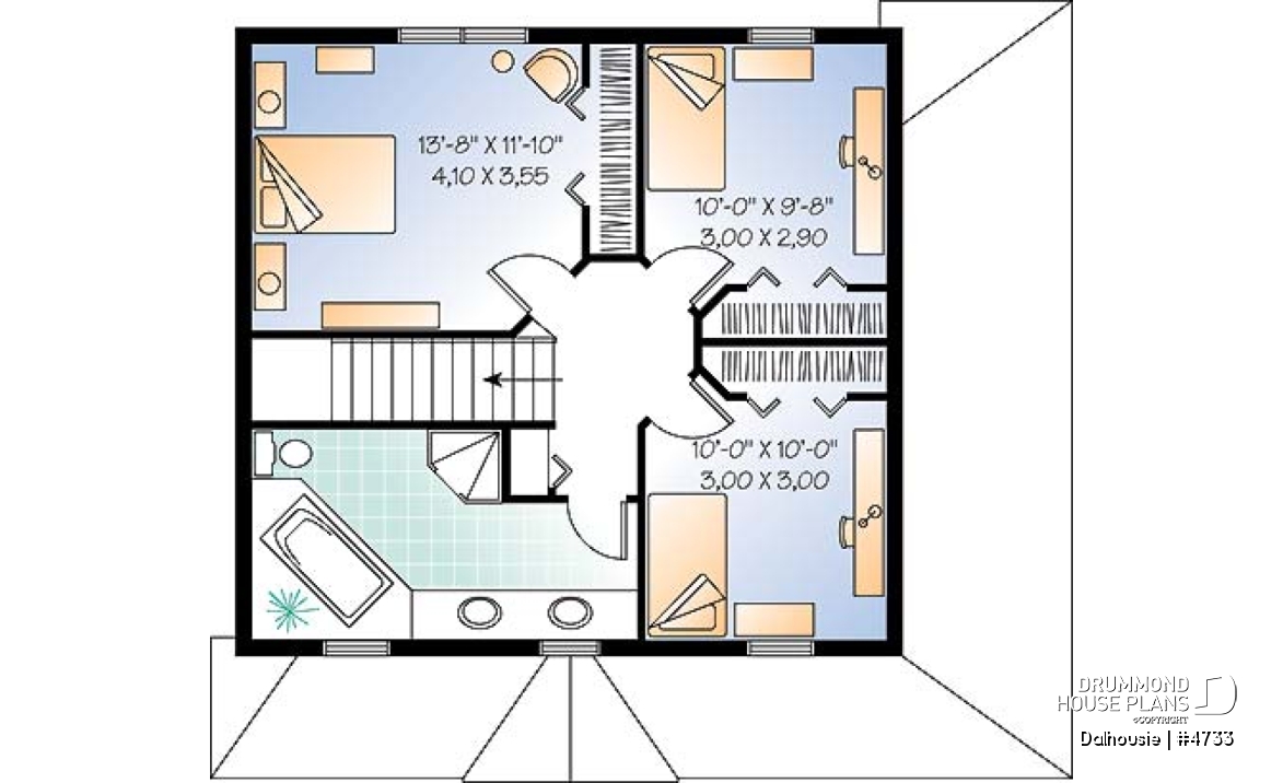 2nd level - English inspired house plan with 3 bedrooms, 2 bathrooms, large covered porch, open floor plan - Dalhousie