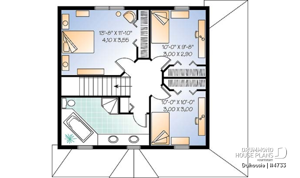 2nd level - English inspired house plan with 3 bedrooms, 2 bathrooms, large covered porch, open floor plan - Dalhousie