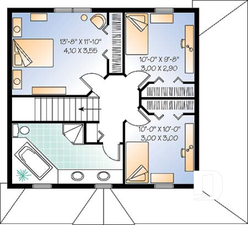 2nd level - English inspired house plan with 3 bedrooms, 2 bathrooms, large covered porch, open floor plan - Dalhousie