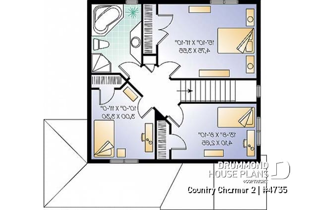 2nd level - 3 bedroom country cottage house plan with great storage and budget friendly construction - Country Charmer 2
