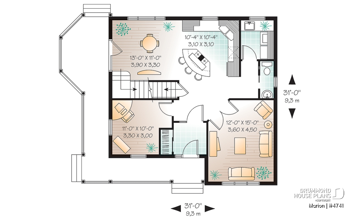 1st level - 3 bedroom affordable country house plan, french doors, closed foyer, home office - Marion