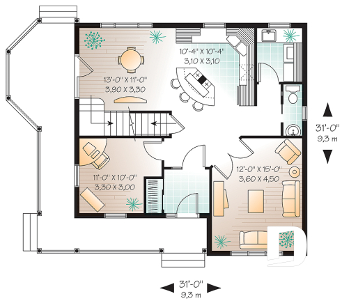 1st level - 3 bedroom affordable country house plan, french doors, closed foyer, home office - Marion