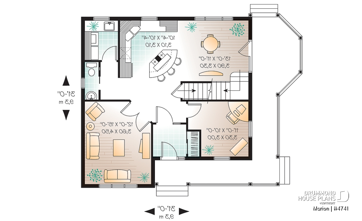 1st level - 3 bedroom affordable country house plan, french doors, closed foyer, home office - Marion