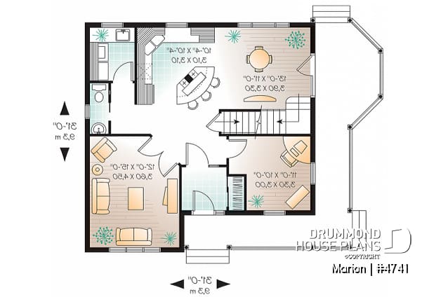 1st level - 3 bedroom affordable country house plan, french doors, closed foyer, home office - Marion