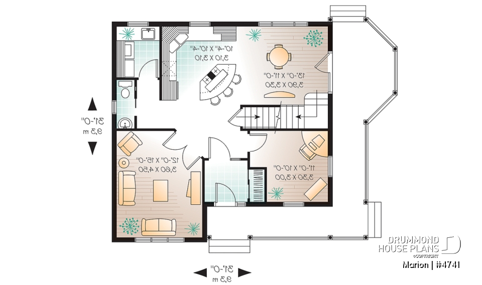 1st level - 3 bedroom affordable country house plan, french doors, closed foyer, home office - Marion