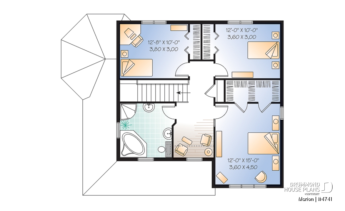 2nd level - 3 bedroom affordable country house plan, french doors, closed foyer, home office - Marion
