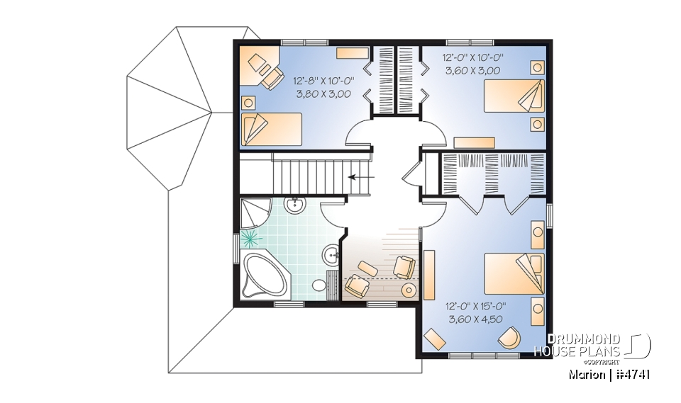 2nd level - 3 bedroom affordable country house plan, french doors, closed foyer, home office - Marion