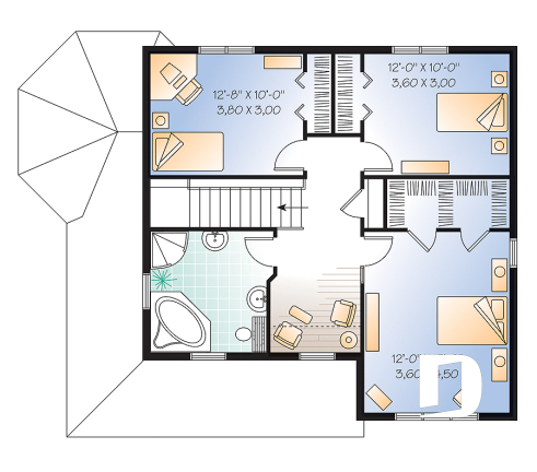 2nd level - 3 bedroom affordable country house plan, french doors, closed foyer, home office - Marion