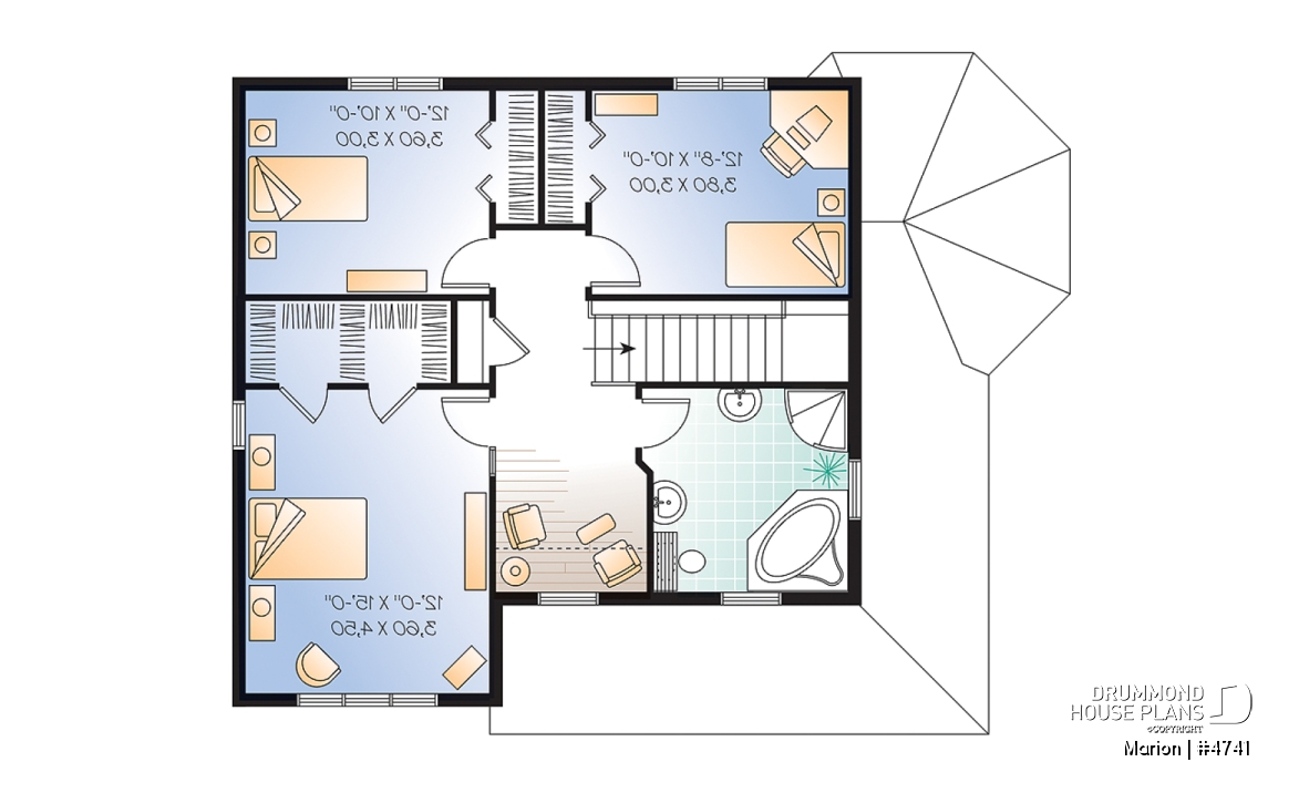 2nd level - 3 bedroom affordable country house plan, french doors, closed foyer, home office - Marion