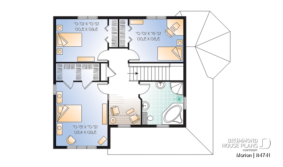 2nd level - 3 bedroom affordable country house plan, french doors, closed foyer, home office - Marion