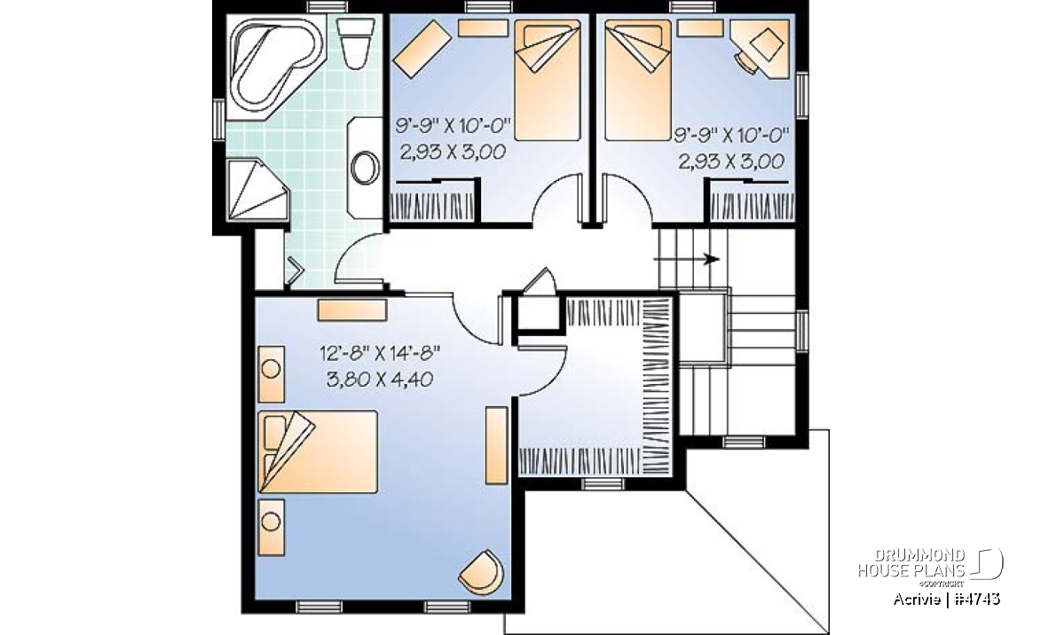 2nd level - Budget friendly 2-storey house plan with 3 bedrooms, landry room on main and full unfinished basement - Acrivie