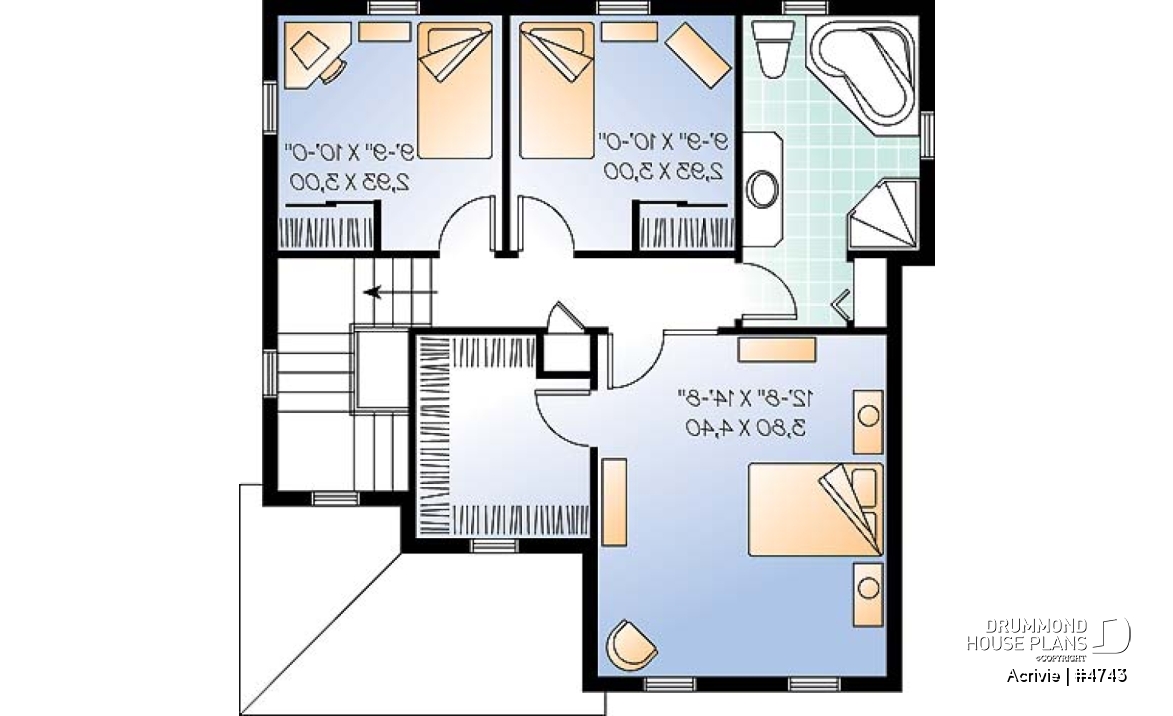 2nd level - Budget friendly 2-storey house plan with 3 bedrooms, landry room on main and full unfinished basement - Acrivie