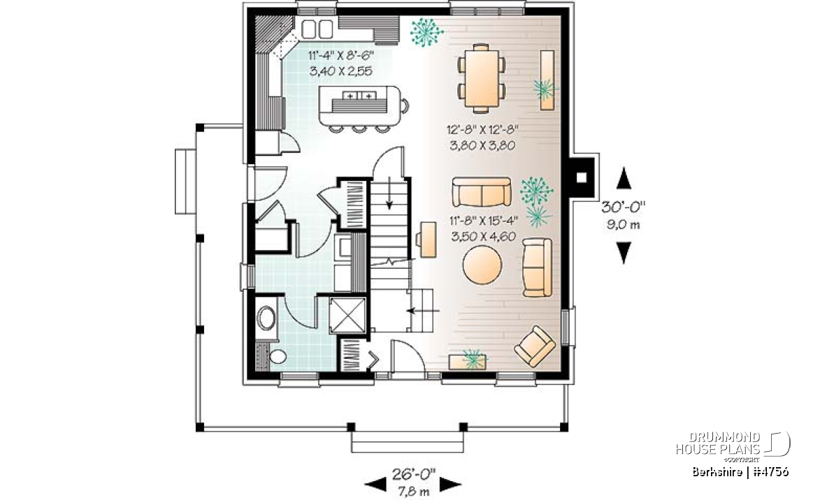 1st level - Colonial small cottage house plan, open floor plan, kitchen island, main floor laundry, nice family bathroom - Berkshire