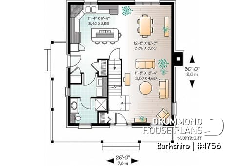1st level - Colonial small cottage house plan, open floor plan, kitchen island, main floor laundry, nice family bathroom - Berkshire