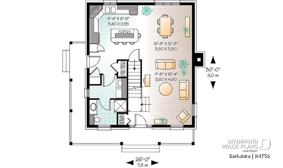 1st level - Colonial small cottage house plan, open floor plan, kitchen island, main floor laundry, nice family bathroom - Berkshire