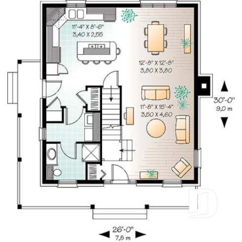 1st level - Colonial small cottage house plan, open floor plan, kitchen island, main floor laundry, nice family bathroom - Berkshire