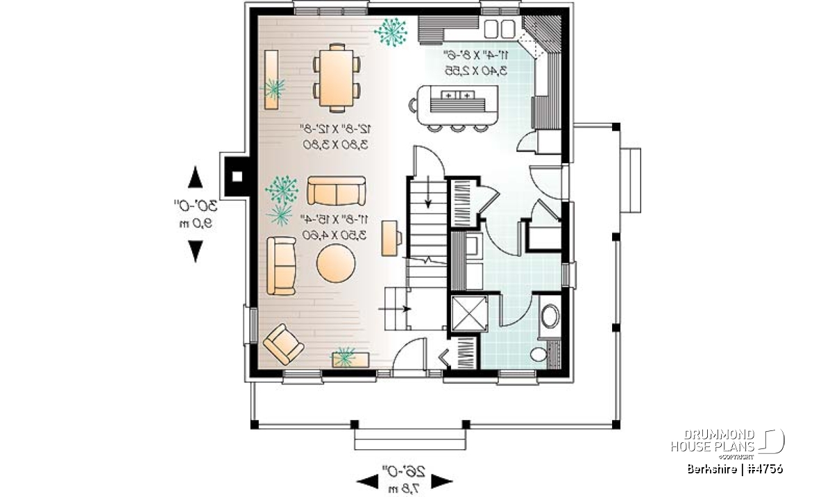 1st level - Colonial small cottage house plan, open floor plan, kitchen island, main floor laundry, nice family bathroom - Berkshire