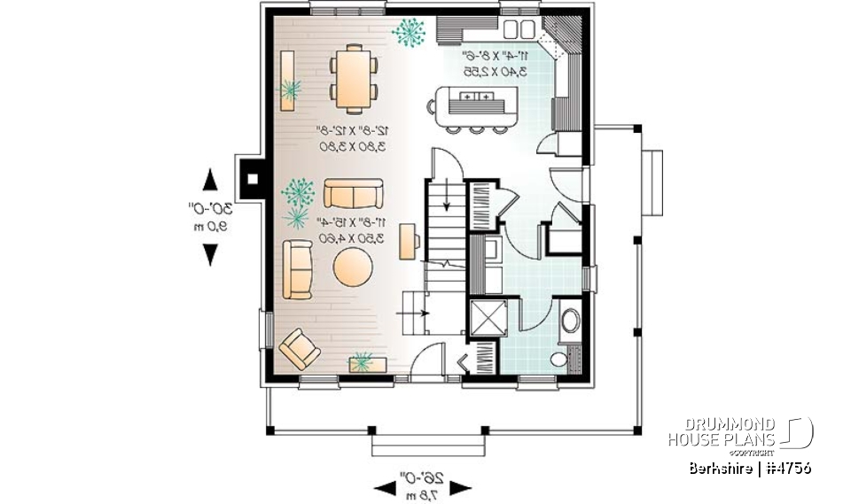 1st level - Colonial small cottage house plan, open floor plan, kitchen island, main floor laundry, nice family bathroom - Berkshire