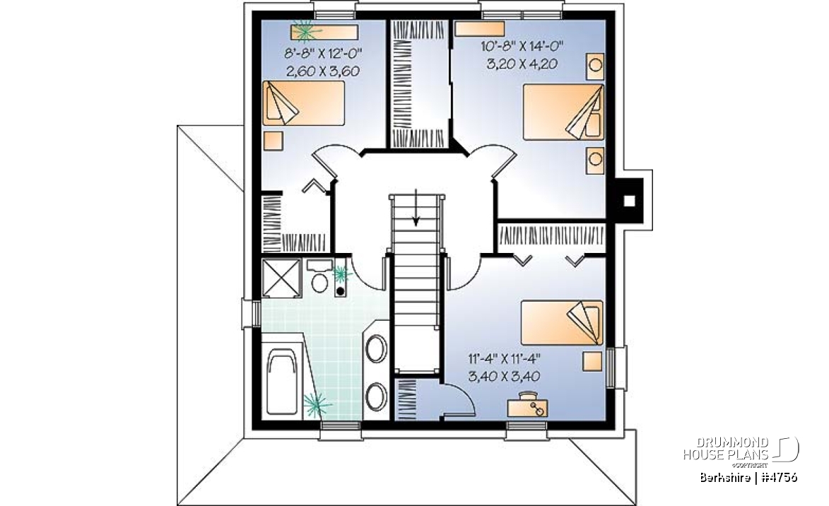 2nd level - Colonial small cottage house plan, open floor plan, kitchen island, main floor laundry, nice family bathroom - Berkshire