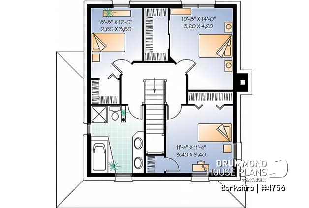 2nd level - Colonial small cottage house plan, open floor plan, kitchen island, main floor laundry, nice family bathroom - Berkshire