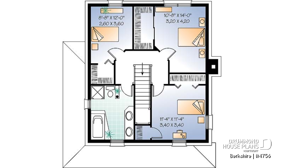 2nd level - Colonial small cottage house plan, open floor plan, kitchen island, main floor laundry, nice family bathroom - Berkshire