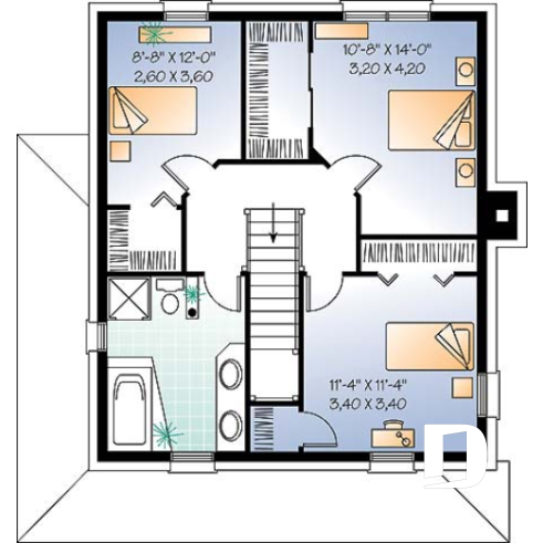 2nd level - Colonial small cottage house plan, open floor plan, kitchen island, main floor laundry, nice family bathroom - Berkshire