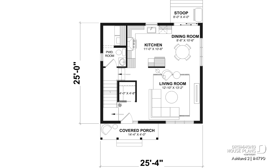 1st level - Small 2 story house plan with 3 to 4 bedrooms, laundry room on main floor, optional finished basement ($) - Ashland 2