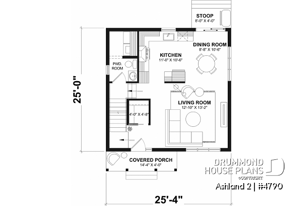 1st level - Small 2 story house plan with 3 bedrooms, and laundry room on main floor - Ashland 2