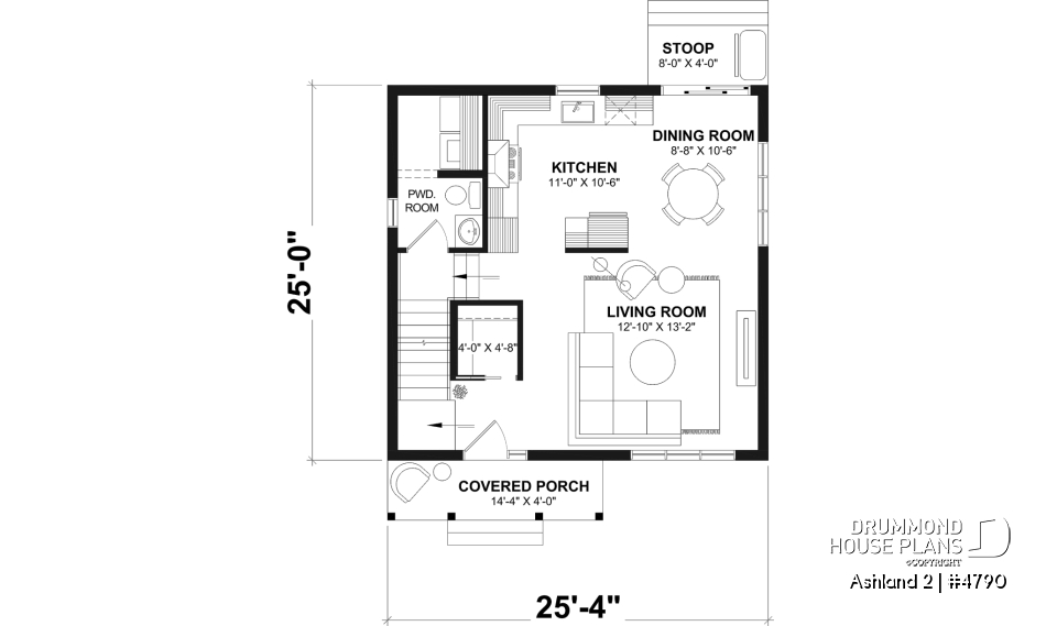 1st level - Small 2 story house plan with 3 to 4 bedrooms, laundry room on main floor, optional finished basement ($) - Ashland 2