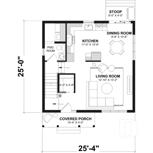 1st level - Small 2 story house plan with 3 to 4 bedrooms, laundry room on main floor, optional finished basement ($) - Ashland 2