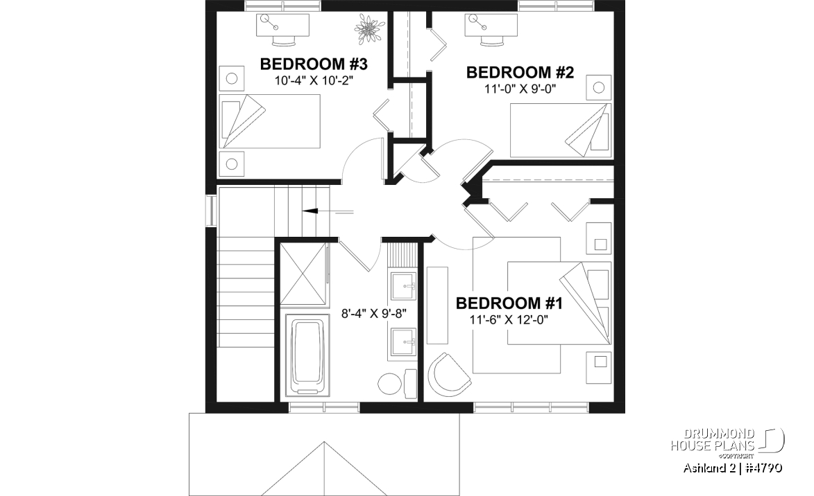 2nd level - Small 2 story house plan with 3 to 4 bedrooms, laundry room on main floor, optional finished basement ($) - Ashland 2