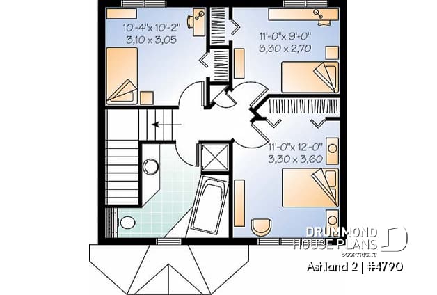 2nd level - Small 2 story house plan with 3 bedrooms, and laundry room on main floor - Ashland 2