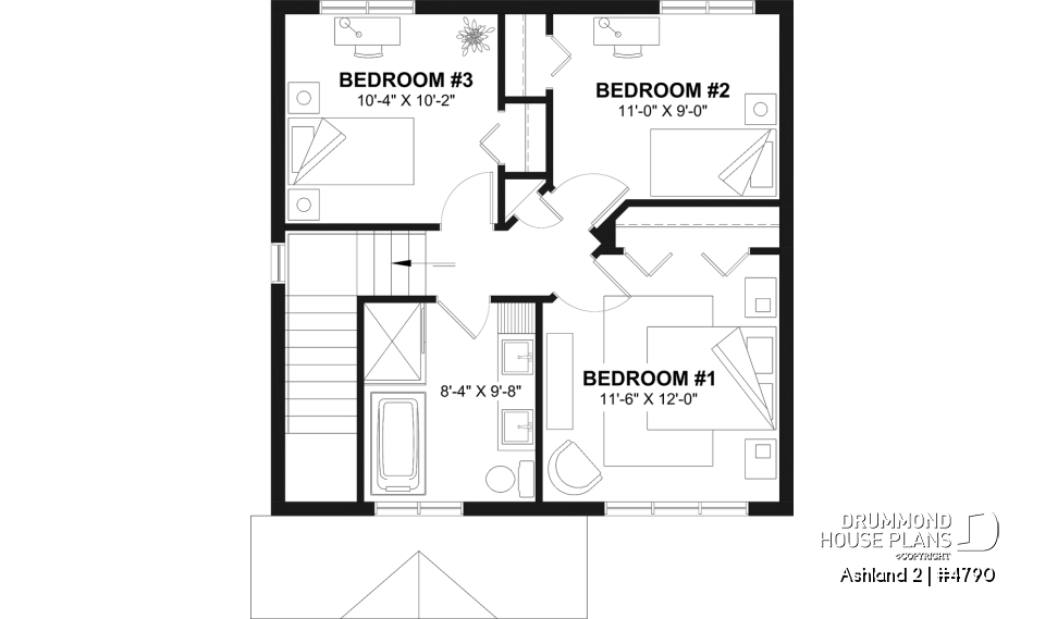 2nd level - Small 2 story house plan with 3 to 4 bedrooms, laundry room on main floor, optional finished basement ($) - Ashland 2