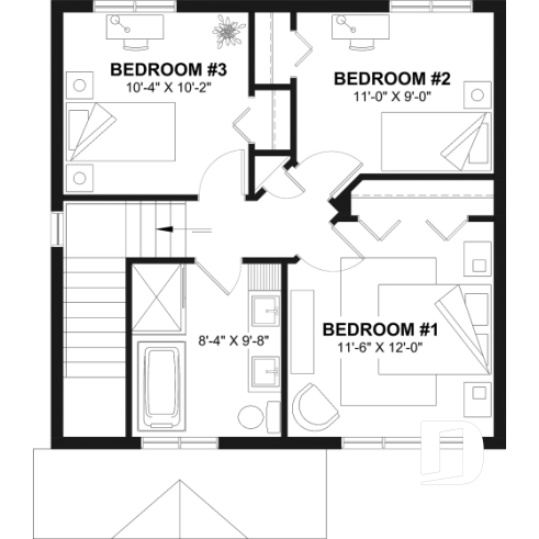 2nd level - Small 2 story house plan with 3 to 4 bedrooms, laundry room on main floor, optional finished basement ($) - Ashland 2