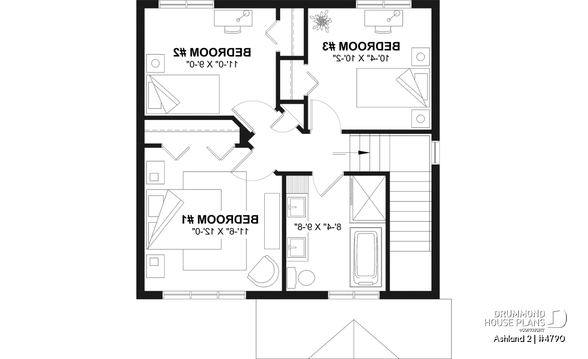 2nd level - Small 2 story house plan with 3 to 4 bedrooms, laundry room on main floor, optional finished basement ($) - Ashland 2