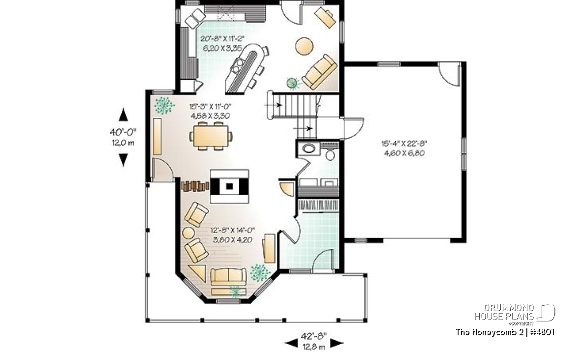 1st level - 2-storey house plan, one-car garage with bonus space above, fireplace, sitting area off kitchen - The Honeycomb 2