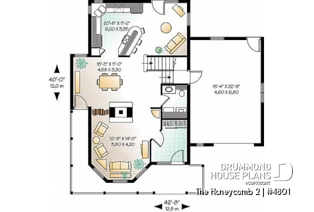 1st level - 2-storey house plan, one-car garage with bonus space above, fireplace, sitting area off kitchen - The Honeycomb 2