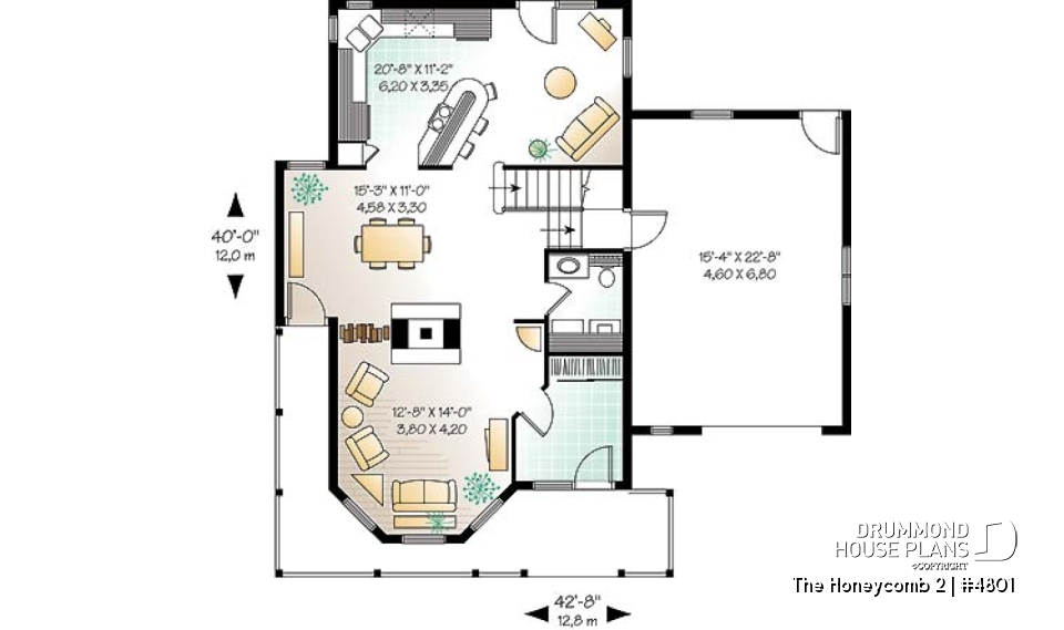 1st level - 2-storey house plan, one-car garage with bonus space above, fireplace, sitting area off kitchen - The Honeycomb 2