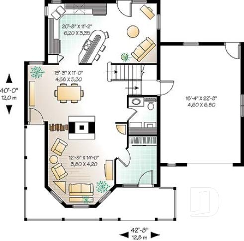 1st level - 2-storey house plan, one-car garage with bonus space above, fireplace, sitting area off kitchen - The Honeycomb 2