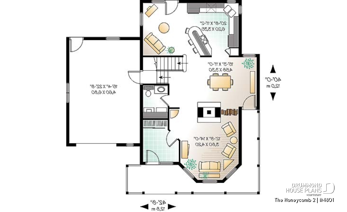 1st level - 2-storey house plan, one-car garage with bonus space above, fireplace, sitting area off kitchen - The Honeycomb 2