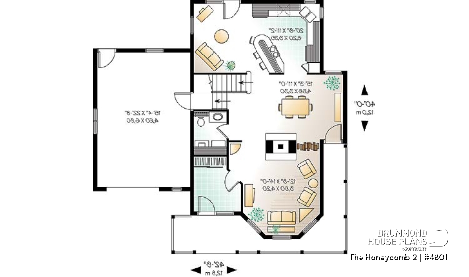 1st level - 2-storey house plan, one-car garage with bonus space above, fireplace, sitting area off kitchen - The Honeycomb 2