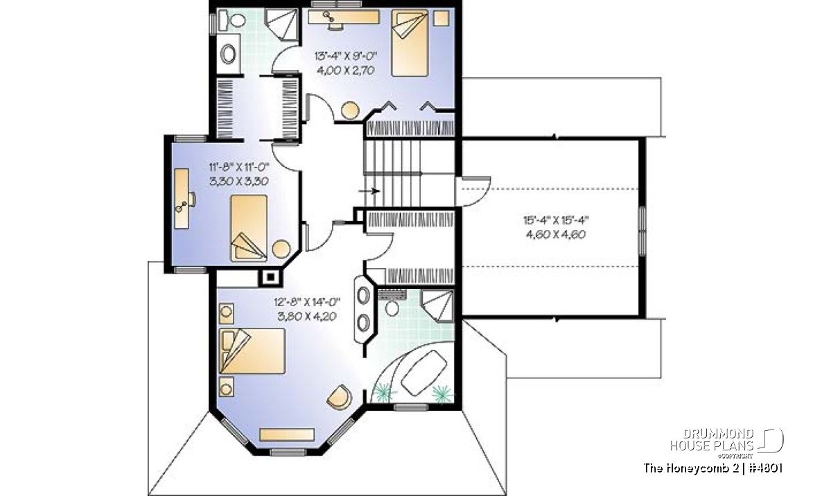 2nd level - 2-storey house plan, one-car garage with bonus space above, fireplace, sitting area off kitchen - The Honeycomb 2