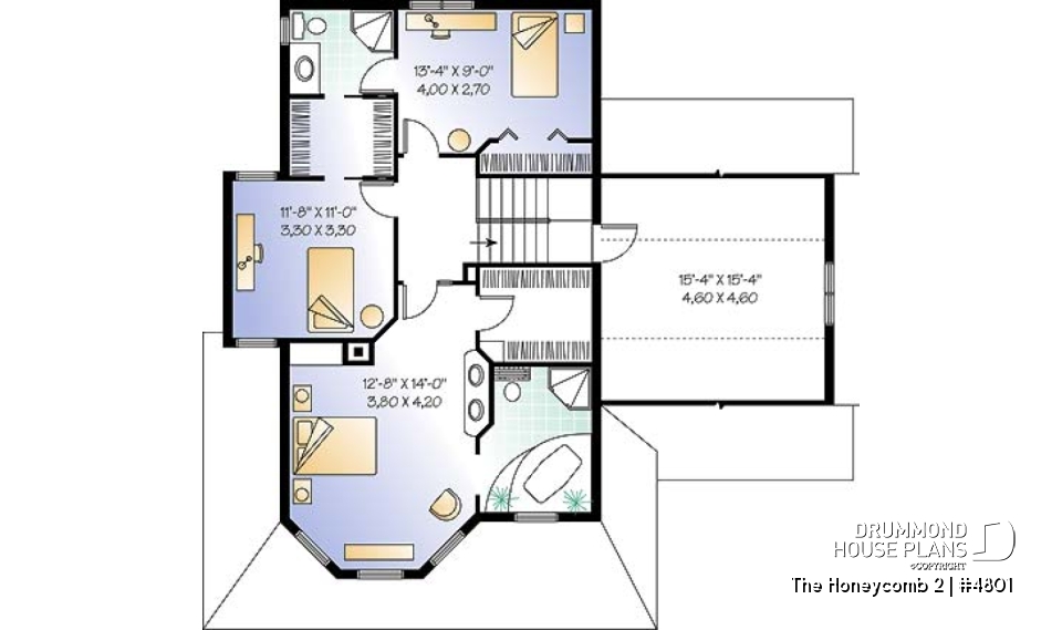 2nd level - 2-storey house plan, one-car garage with bonus space above, fireplace, sitting area off kitchen - The Honeycomb 2