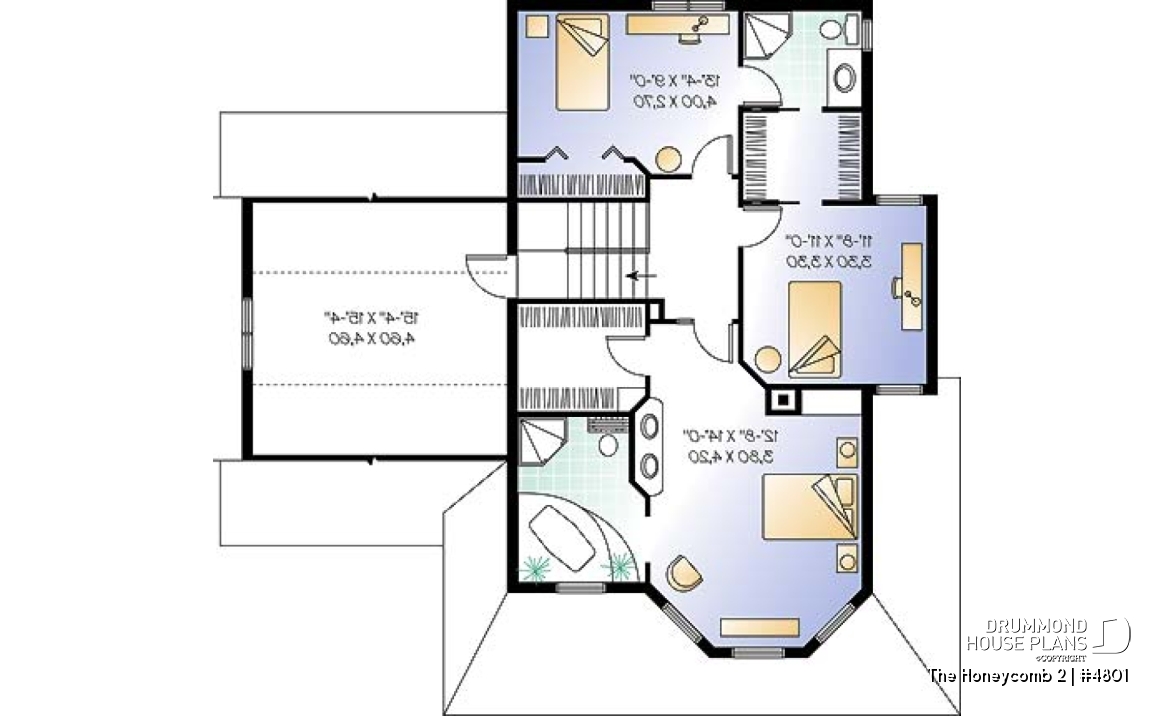2nd level - 2-storey house plan, one-car garage with bonus space above, fireplace, sitting area off kitchen - The Honeycomb 2