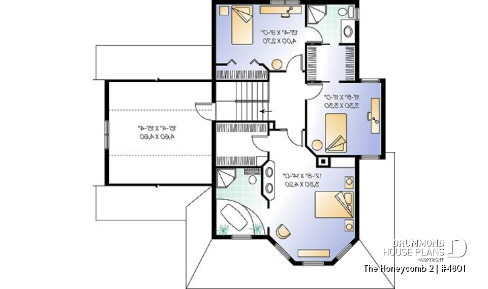 2nd level - 2-storey house plan, one-car garage with bonus space above, fireplace, sitting area off kitchen - The Honeycomb 2