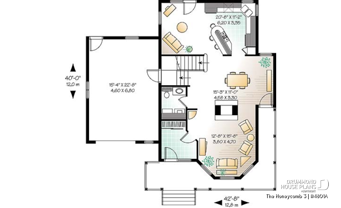 1st level - Beautiful Modern Victorian house plan, 3 to 4 bedrooms, 2.5 baths, bonus room, garage, fireplace, seating area - The Honeycomb 3