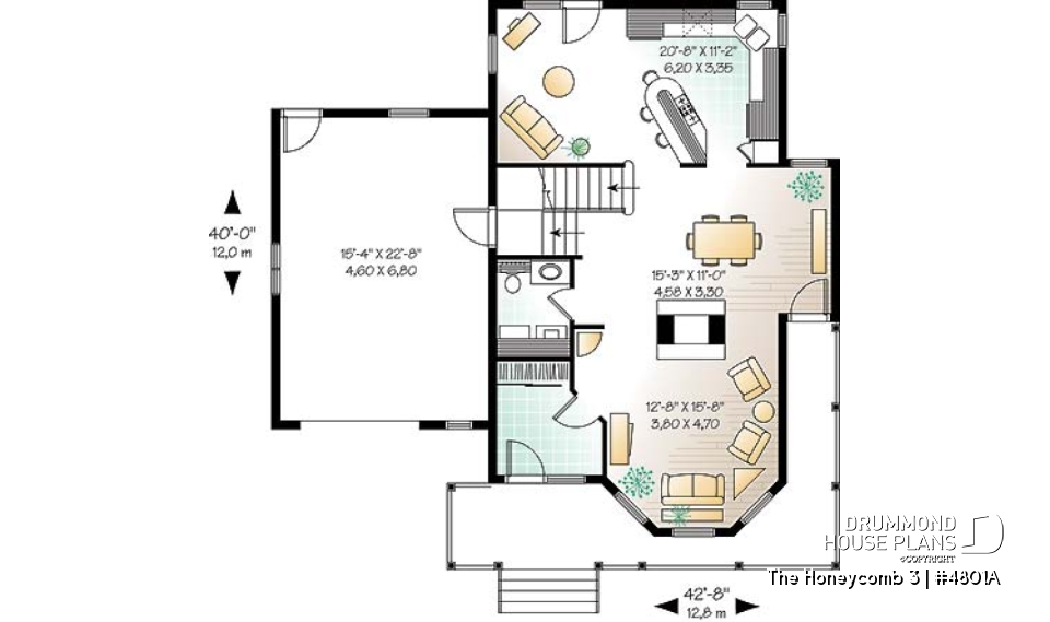 1st level - Beautiful Modern Victorian house plan, 3 to 4 bedrooms, 2.5 baths, bonus room, garage, fireplace, seating area - The Honeycomb 3