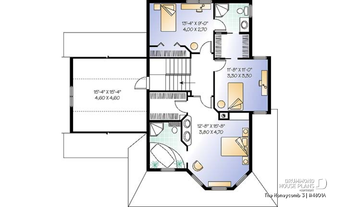 2nd level - Beautiful Modern Victorian house plan, 3 to 4 bedrooms, 2.5 baths, bonus room, garage, fireplace, seating area - The Honeycomb 3