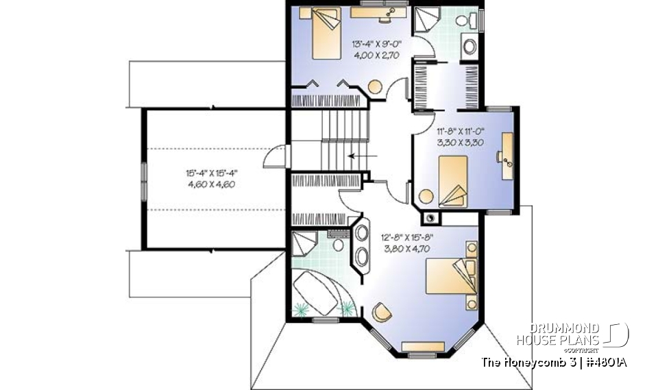 2nd level - Beautiful Modern Victorian house plan, 3 to 4 bedrooms, 2.5 baths, bonus room, garage, fireplace, seating area - The Honeycomb 3